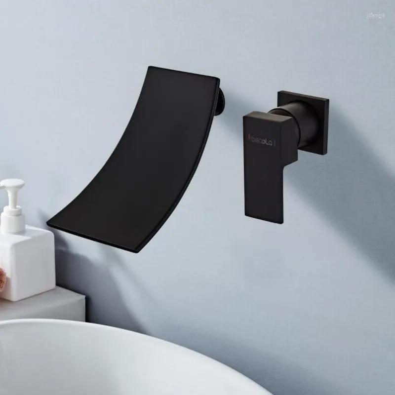 Grifos de lavabo de baño BAKALA, grifo de cascada montado en la pared de oro negro, mezclador de recipiente de salida de agua de un solo mango, LT-304