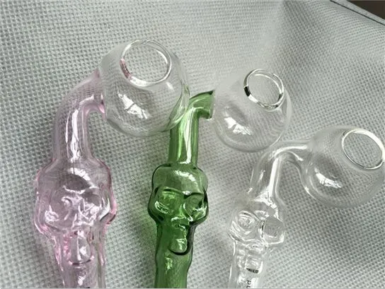 Colorful Handle Skull Smoking Pipe Glass Pipes Handle Curved Skull Glass Oil Burner Pipe 12cm Mini Smoking Tube