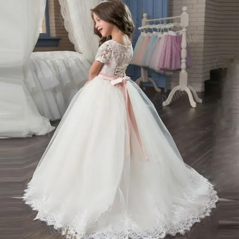 Adela Lace High Neck Ball Gown Pageant Dress With Train - Hi-Low Appliques For Kids Wedding Or First Communion - View #5