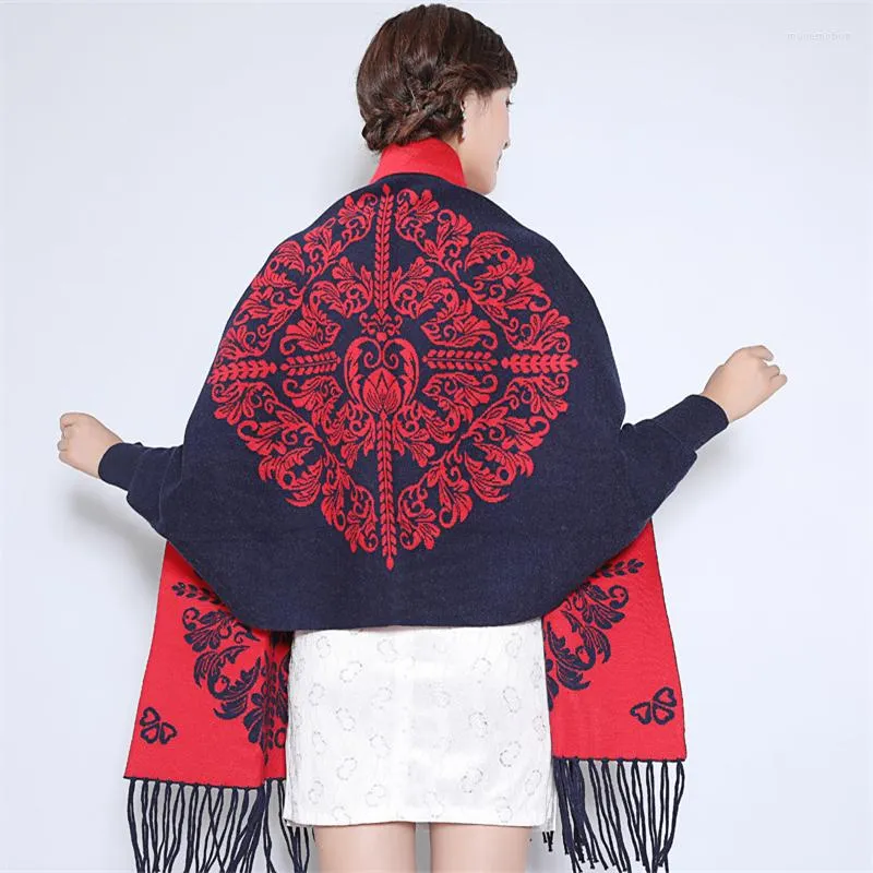 Halsdukar poncho capes vinter halsduk kvinnor tröja batwing långärmad retro tofsel lös femme explosion mantel stickning netto röd filt