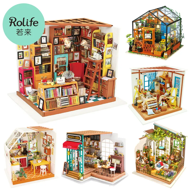 Arkitektur/DIY House Robotime Rolife Diy Wood Miniature Dollhouse Greenhouse Handmased Doll House Kitchen With Furniture Toys for Children Lady Gift 230614