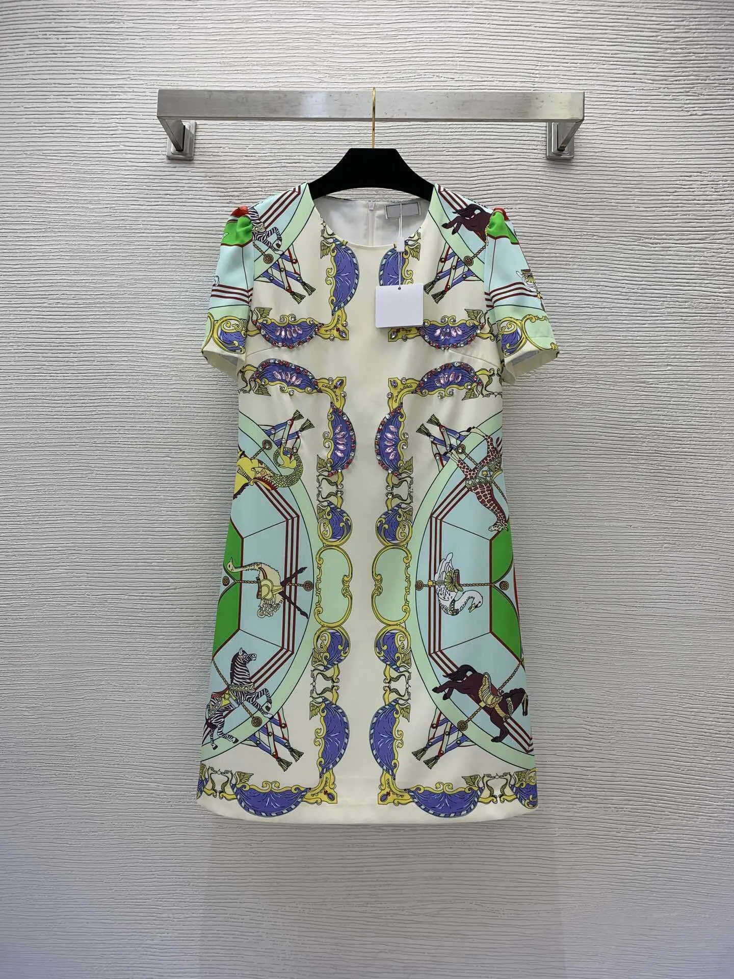 23ss summer dresses women dress women designer clothes Heavy Industry Diamond Studded Beads Colored Geometric Horse Printed Short Sleeve Dress Women clothes