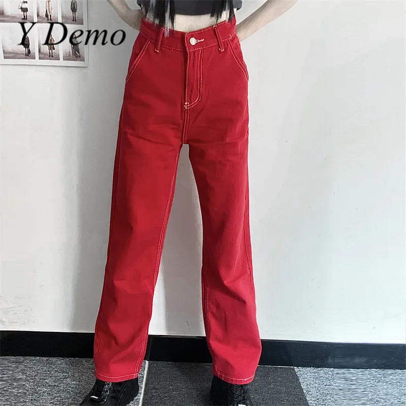 Women's Jeans Y Demo Streetwear 90s Retro Red Straight Pant High Waist Loose Hiphop Grunge 230614