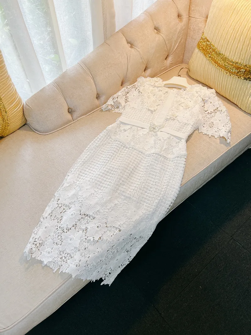 slim fit dress slacks Women's Muses A-Line Short Sleeved Lace Midi Dress S/M/L White Floral Mean Blvd, S / White / Floral main image 1