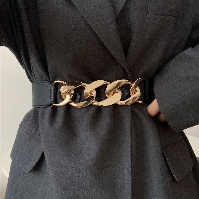 Inne modne akcesoria Złoty łańcuch Elastyczne srebrne metalowe pasy talii dla kobiet Ceinture femme stretch cummerbunds damskie płaszcz ketting riem tal