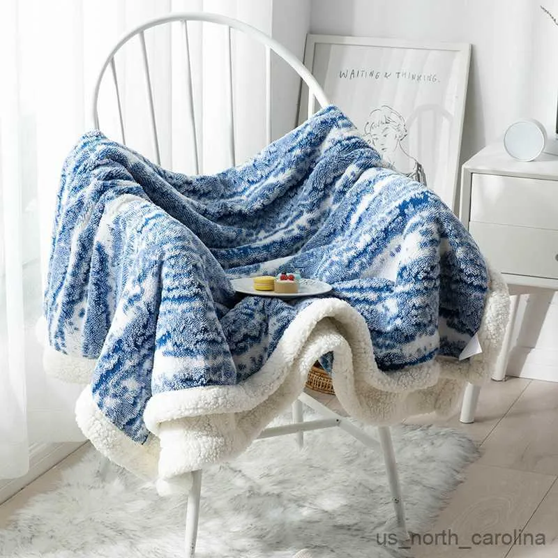 Filt inyahome blå och vit sherpa kast filt fleece mjuk filt för säng mysig plysch filt för soffa soffa sängtillbehör R230615