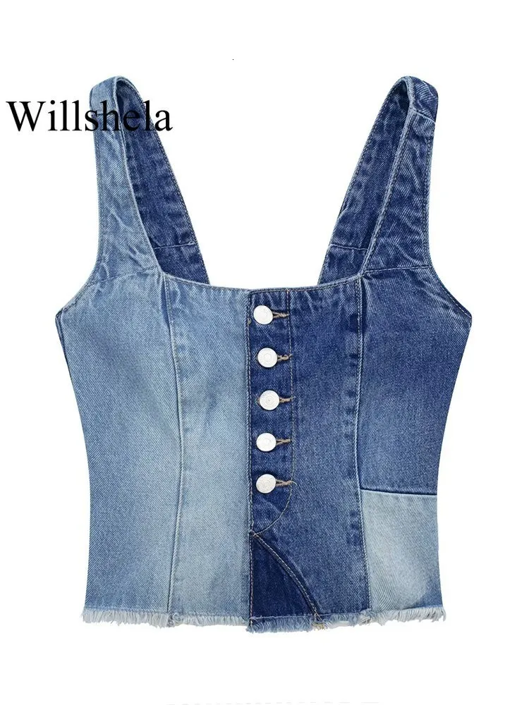 Women's Tanks Camis Willshela Women Fashion Denim Patchwork Crop Top Single Breasted Cropped Camisole Vintage Straps Square Collar Female Chic Lady 230615