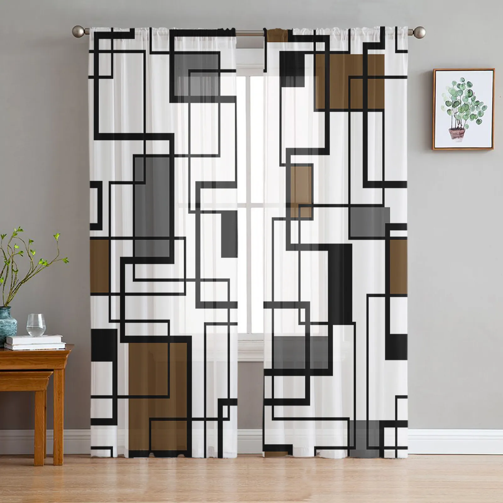 Gordijn Geometrische Blokken Moderne Kunst Bruin Voile Sheer Gordijnen Woonkamer Raam Tule Keuken Slaapkamer Gordijnen Home Decor 230615