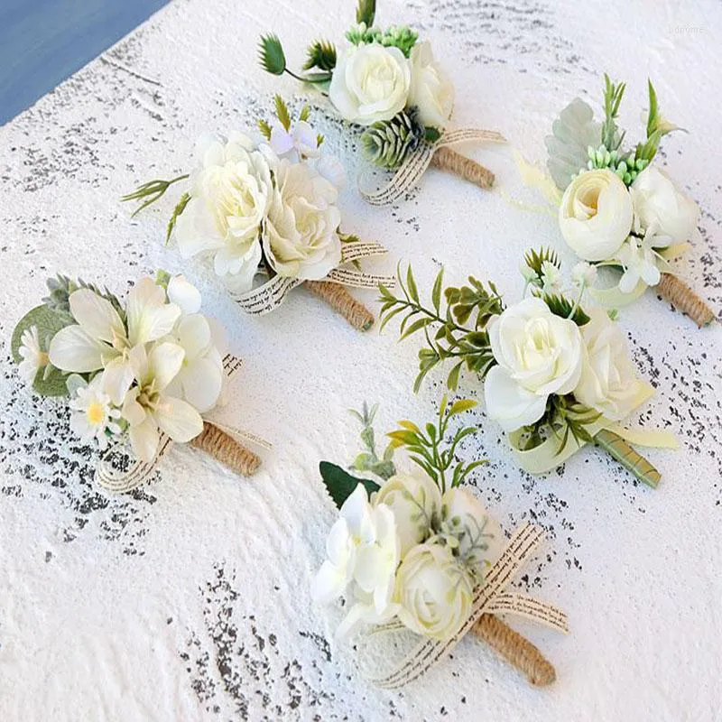 장식용 꽃 신부 신랑 코사이지 베이지 색 시리즈 인공 장미 꽃 boutonniere 웨딩 파티 Mariage Accessoriesbride Corsa