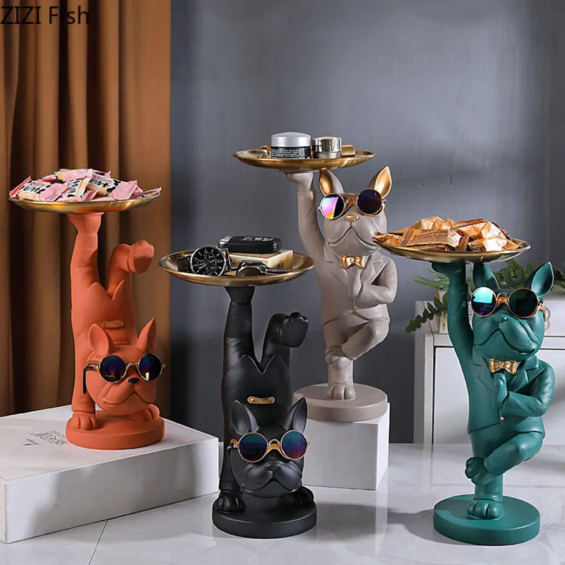 Objets décoratifs Figurines Debout sur un pied Sculpture de chien Plateau de rangement doré Dessin animé Bouledogue français Décoration de bureau Statue d'animal Résine Artisanat 230614