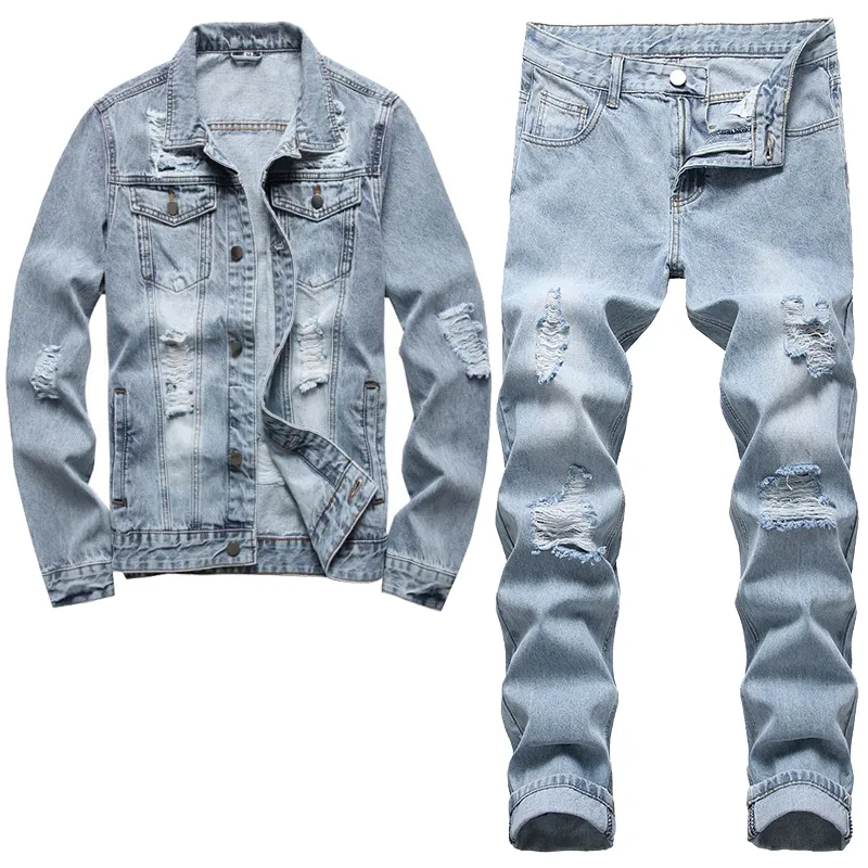 Enkla casual män 2 styck uppsättningar rippade hål slim-fit långärmad denimjacka matchande jeans ljus blå vår sommar ropa hombre