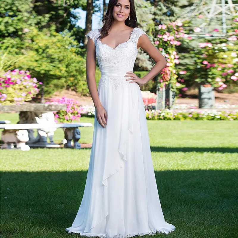 Summer Beach Bridal Wedding Dress 2023 Spetslock ärmar älskling Applices Ruffles Chiffon Bride Gowns Boho Vestido de Noiva