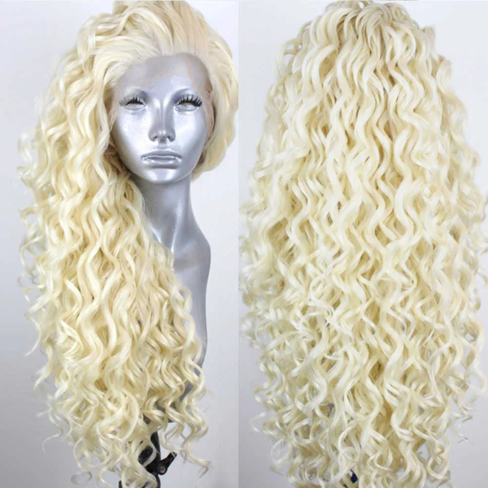 Blondynowane syntetyczne koronkowe peruki dla kobiet Kinky Curly Peruka Naturalna linia włosów Blond Peruka Cosplay Cosplay Wysoka temperatura 230524