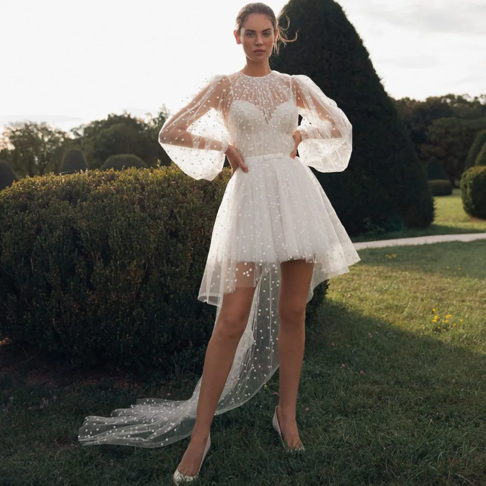 2023 Lace High Low Bell Sleeve Wedding Dress With Long Sleeves