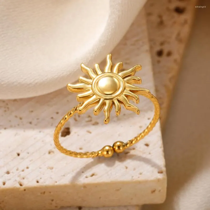 Anneaux de mariage Rotation Soleil Pour Femmes Homme Bague En Acier Inoxydable Or Couleur Anillos Mujer Rétro Bague Réglable Ouvert Bijoux Cadeau Bijoux