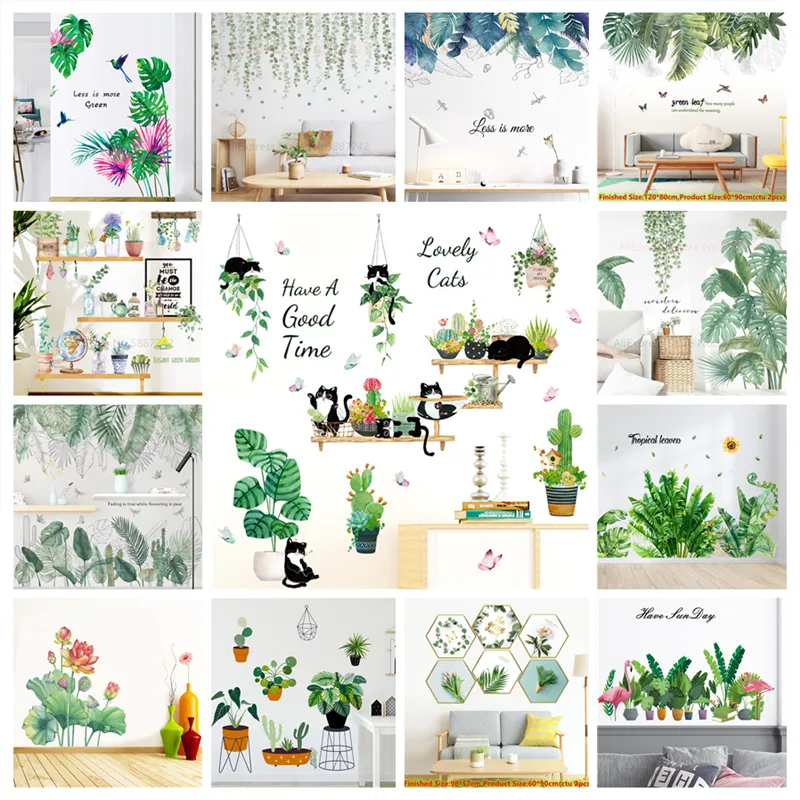 Chat plantes mur décoratif vinyle autocollants salle de bain salon chambre auto-adhésif papier peint porte bureau décor à la maison décalcomanie