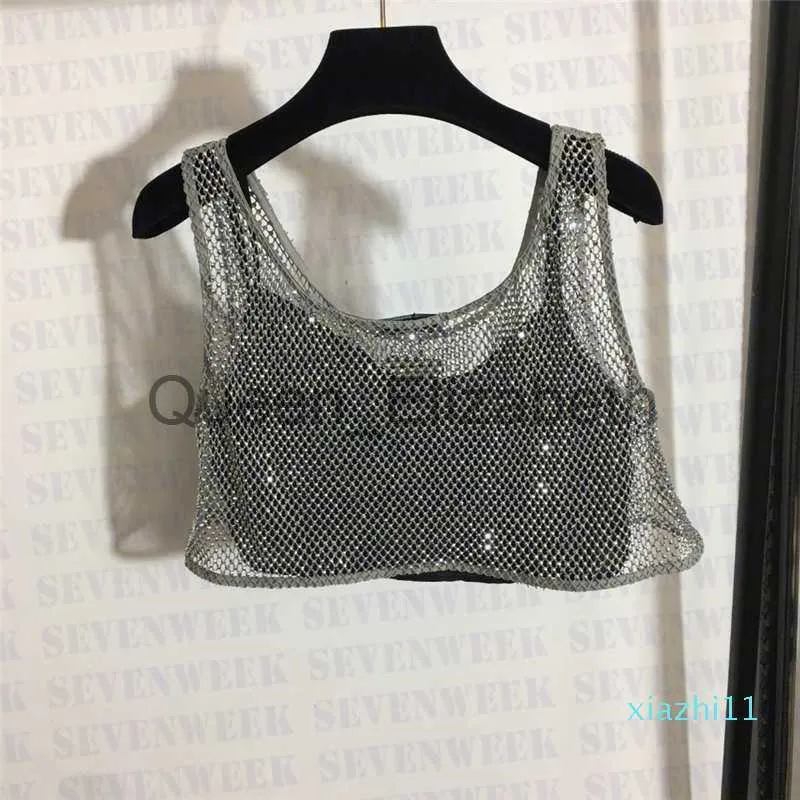 Damen-T-Shirt, Dreieck-Abzeichen-T-Shirts, blinkende Strasssteine, hohles Netz-Unterhemd, Damenbekleidung, sexy Neckholder-Tanks J230615