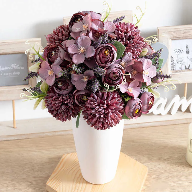 Torkade blommor vit te rose konstgjord siden hösten hög kvalitet diy bröllop hem vardagsrum dekoration falska blommor hortensia bukett