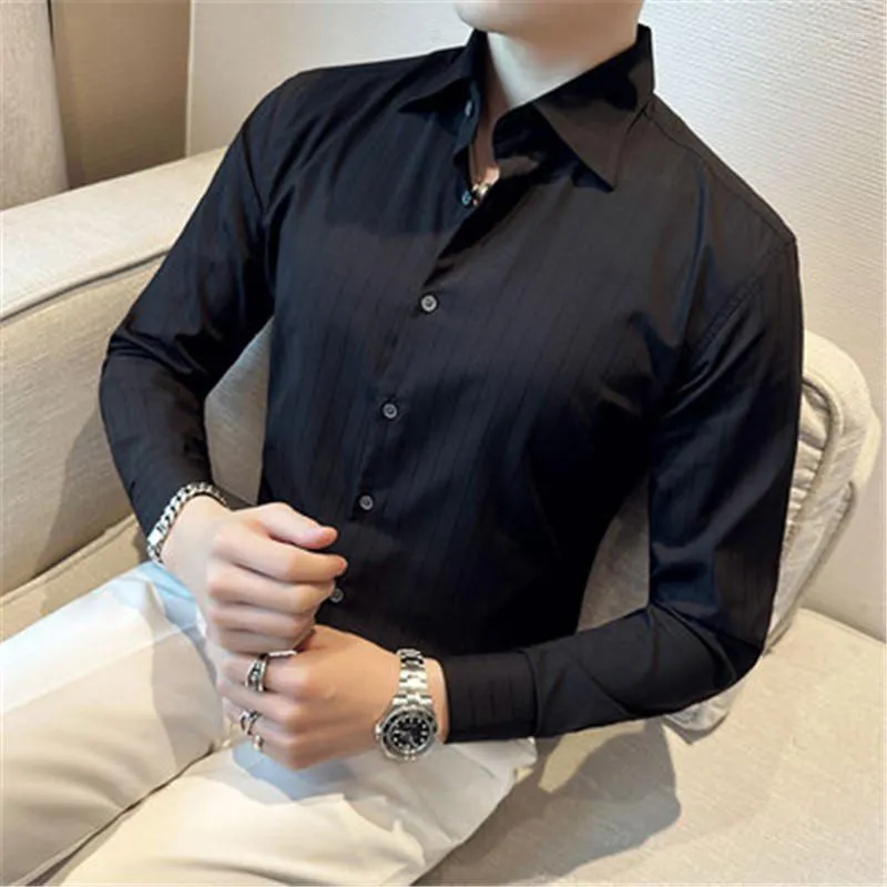 Men's Casual Shirts Elegant Men Formal Long Sleeve Prom White For Wedding Slim Fit Blouse Classic Striped Camiseta Male Clothing 2023