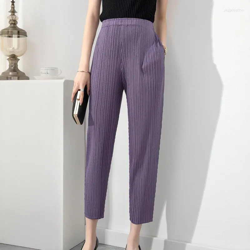 Calças femininas meninas verão plissadas retas finas elásticas cintura mulher solto ajuste fino roxo rosa casual cropped