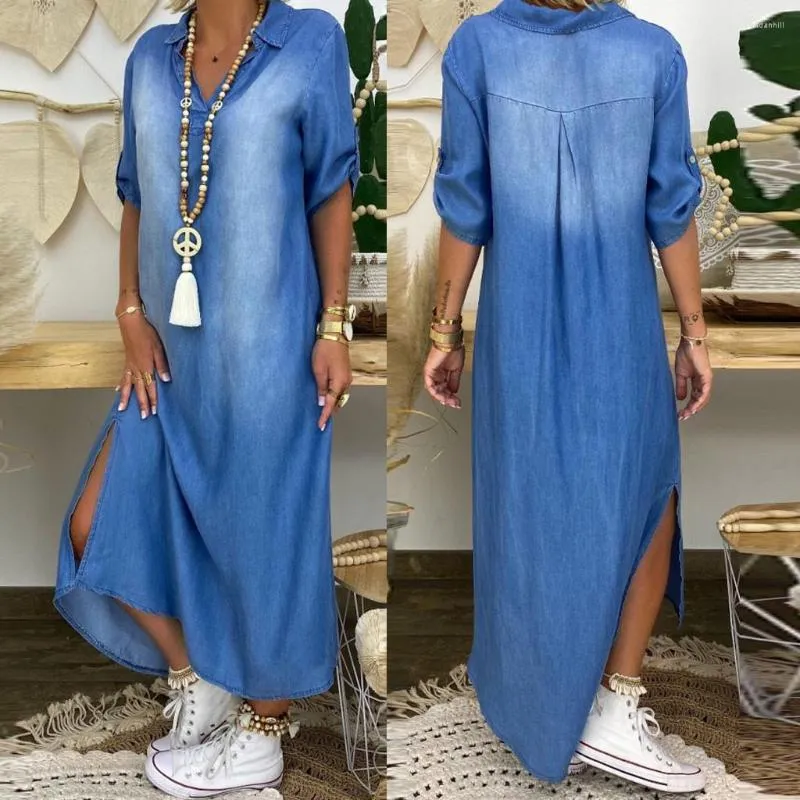 Party Dresses Women Split Denim Dress Cowboy Short Sleeve Summer Long Fashion V neck Ankle Length Robe Longue Femme g35
