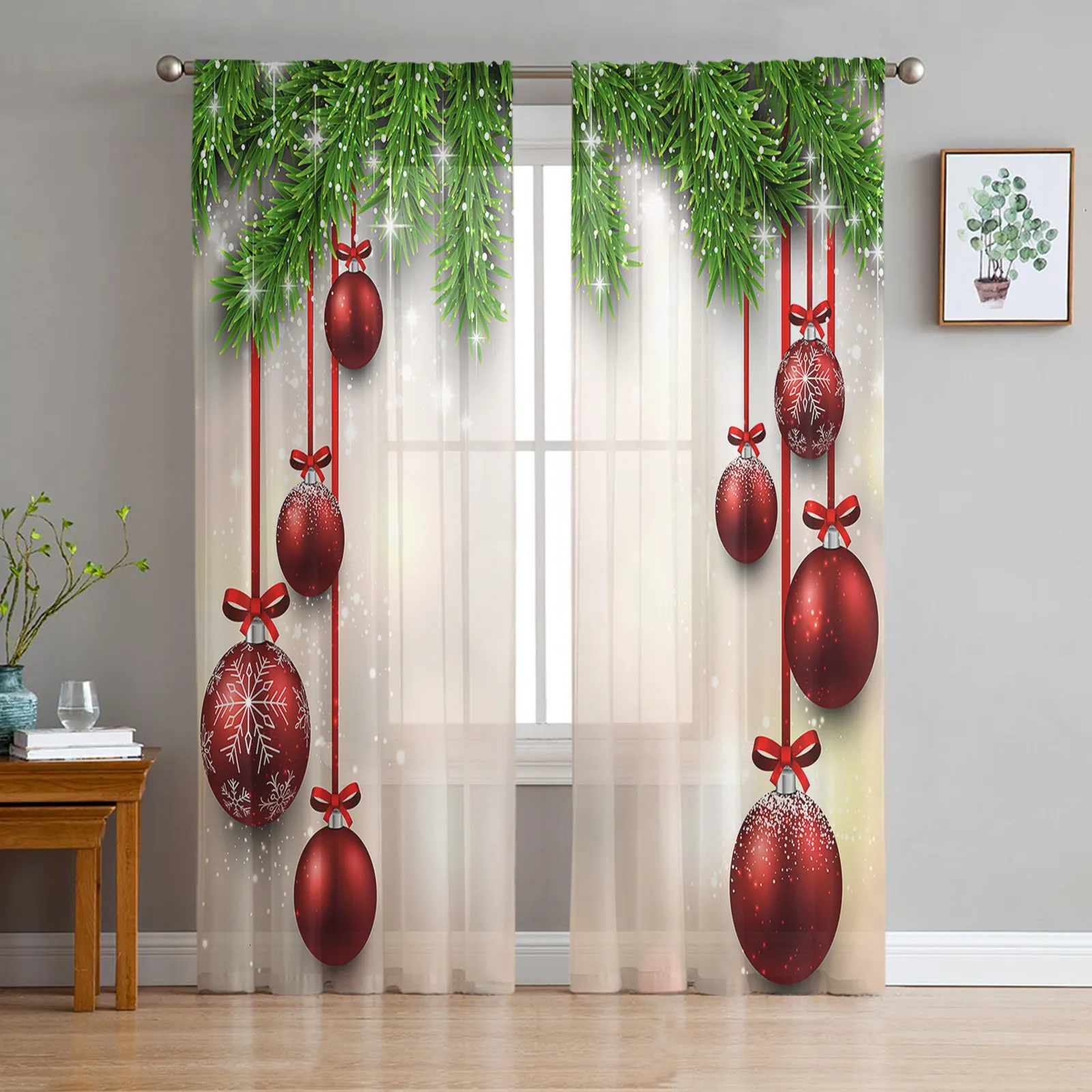 Vorhang Weihnachten Tannenkugel Tüll Vorhänge für Wohnzimmer Schlafzimmer Dekor Transparent Chiffon Sheer Voile Fenster 230615