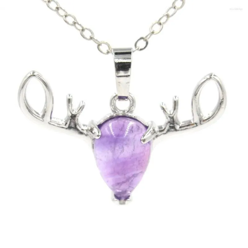 Pendant Necklaces Water Drop Natural Crystal Stone Necklace Cute Deer Animal Charm Healing Roses Quartz Amethysts Purple Pendulums