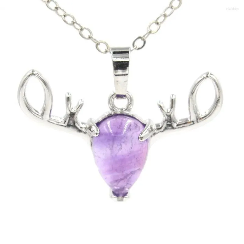 Collane con ciondolo Goccia d'acqua Collana in pietra di cristallo naturale Cervo carino Fascino animale Guarigione Rose Quarzo Ametiste Pendoli viola