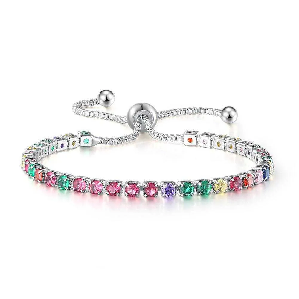 Tendance femmes filles luxe multicolore Zircon réglable Bracelet mode arc-en-ciel couleur Tennis