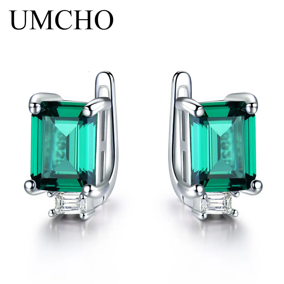 Ear Cuff UMCHO Solid 925 Sterling Silver Clip Earrings for Women Luxury Emerald Green Gemstone Jewelry Princess Cut May Birthstone Gift 230614