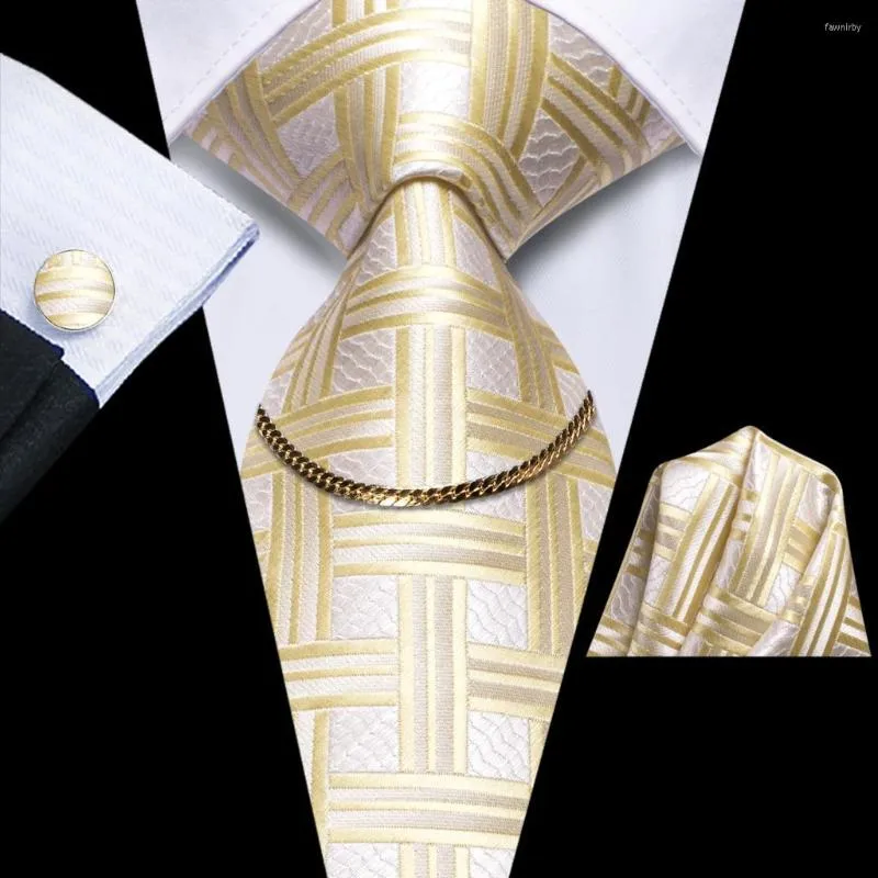 Bow Ties Ivory Plaid 2023 Luxury Silk Men Tie Fashion Necktie Chain Hanky Cufflink Gift For Wedding Hi-Tie Designer Wholesale