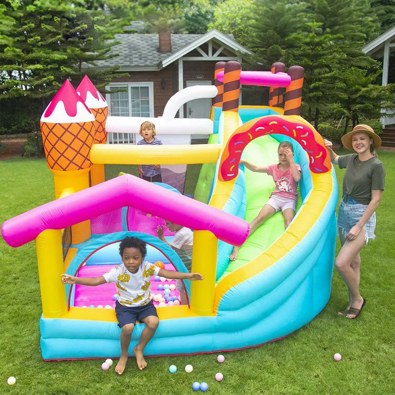 Maison gonflable pour enfants, maison de jeu, beignet de crème glacée, dessert, fête, parc de saut, jeu en plein air, château gonflable avec souffleur de toboggan et piscine à balles, petits jouets