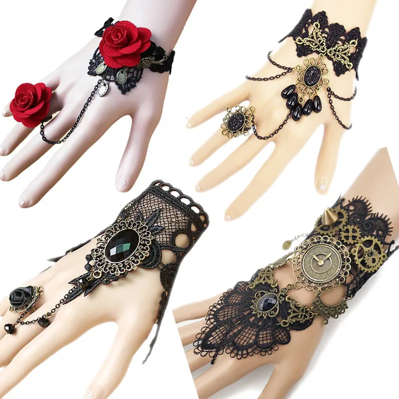 Modello a catena Steampunk gotico polsino in pizzo Guanto senza dita Bracciale scaldabraccia Nero Accessori di Halloween 230615