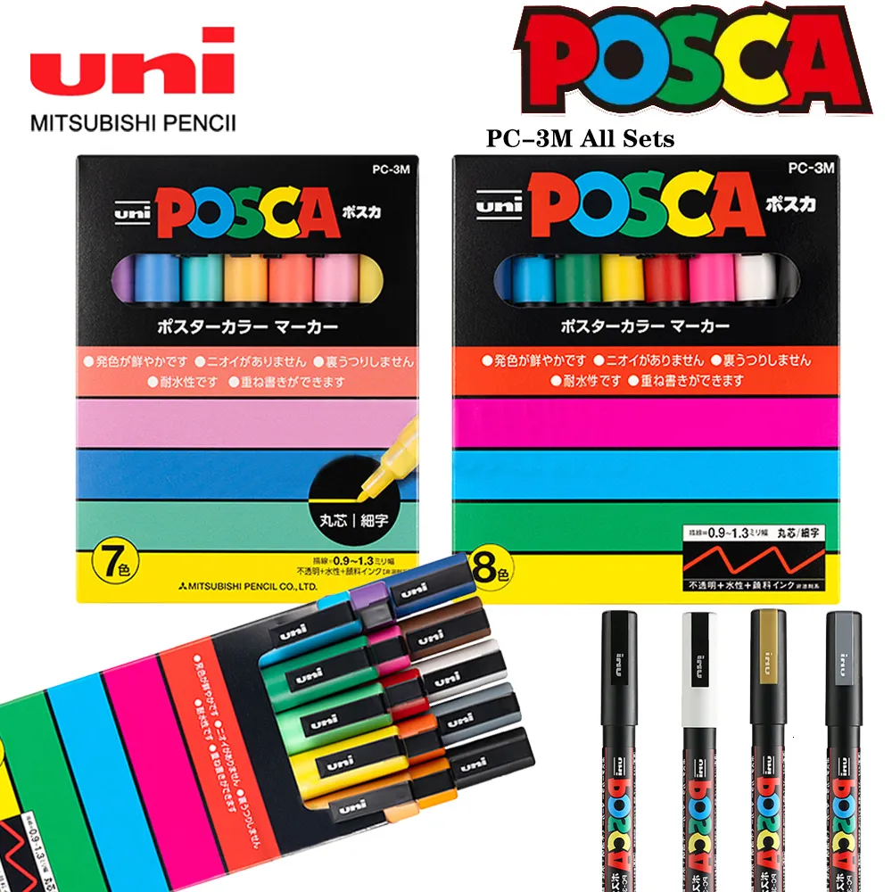 Uni Posca-Juego de rotuladores de pintura, PC-1M, PC-3M, 7/8/15