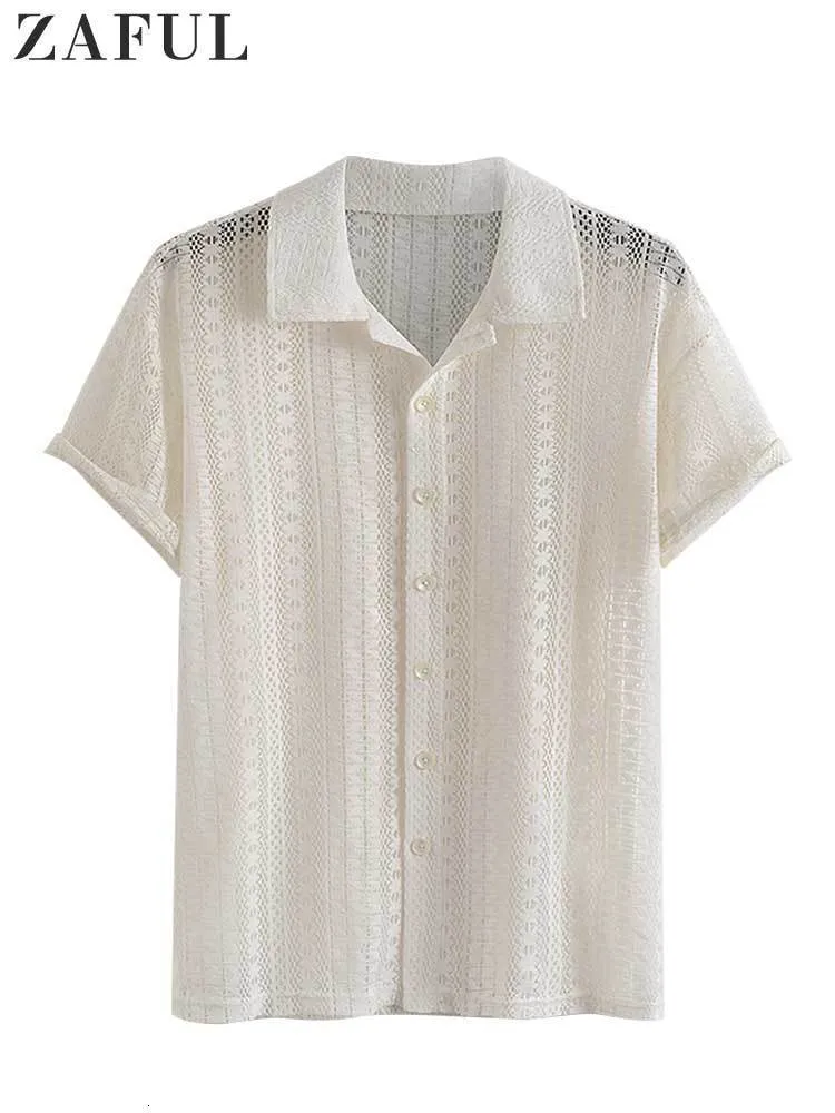 Camicie casual da uomo Cotton Sheer Openwork per uomo Camicia trasparente a maniche corte in pizzo sexy Summer Solid Streetwear Top Z5083175 230614