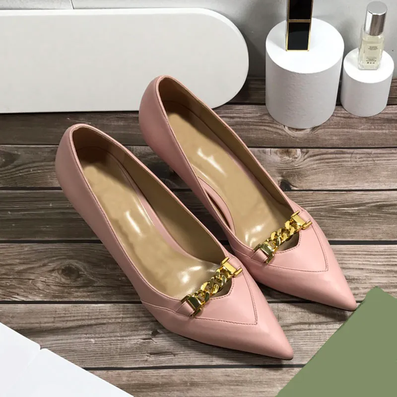 Designer women`s shoes high heels female metal letter buckle patent leather high heels black professional fine heel pointed shallow mouth single shoes