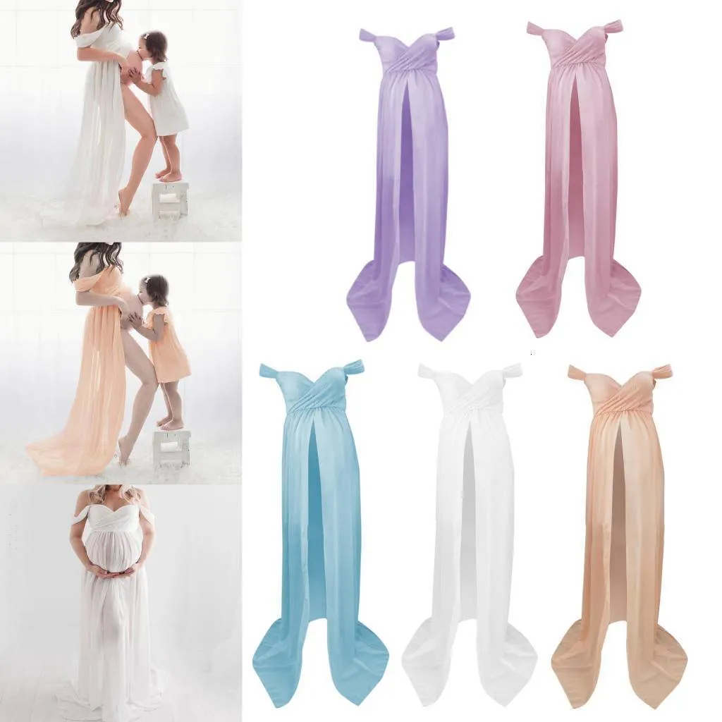 Vestidos para Grávida Maternidade Ombro Fora Manga Curta Malha Transparente Vestido Dividido Vestido de Renda Sem Manga Maxi Vestido para Po Roupas Femininas para Grávidas 230614