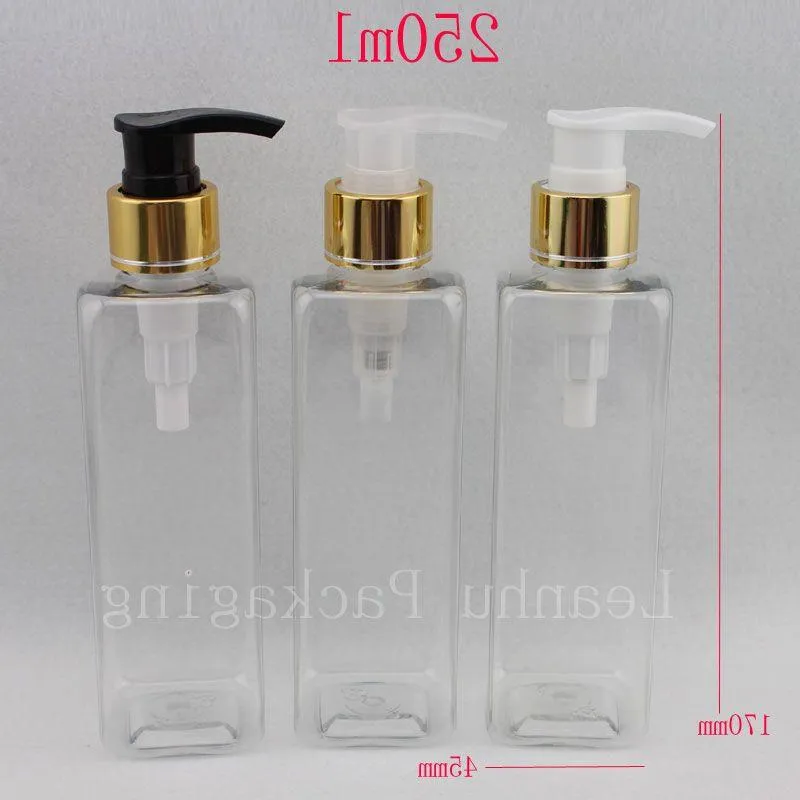 250ml X 20 square body lotion plastic cosmetic bottles with gold liquid soap pump ,shampoo clear PET container with dispenser Ikmmo