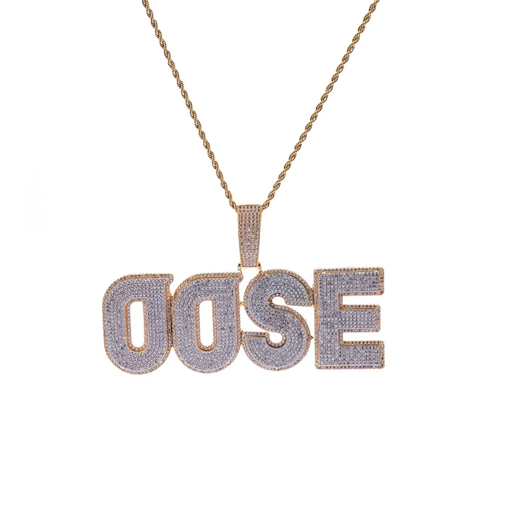 Nom personnalisé Deux Couches Pierres Grande Taille Lettres Pendentif Collier pour Hommes Prong Réglage Plaqué Hip Hop Bijoux