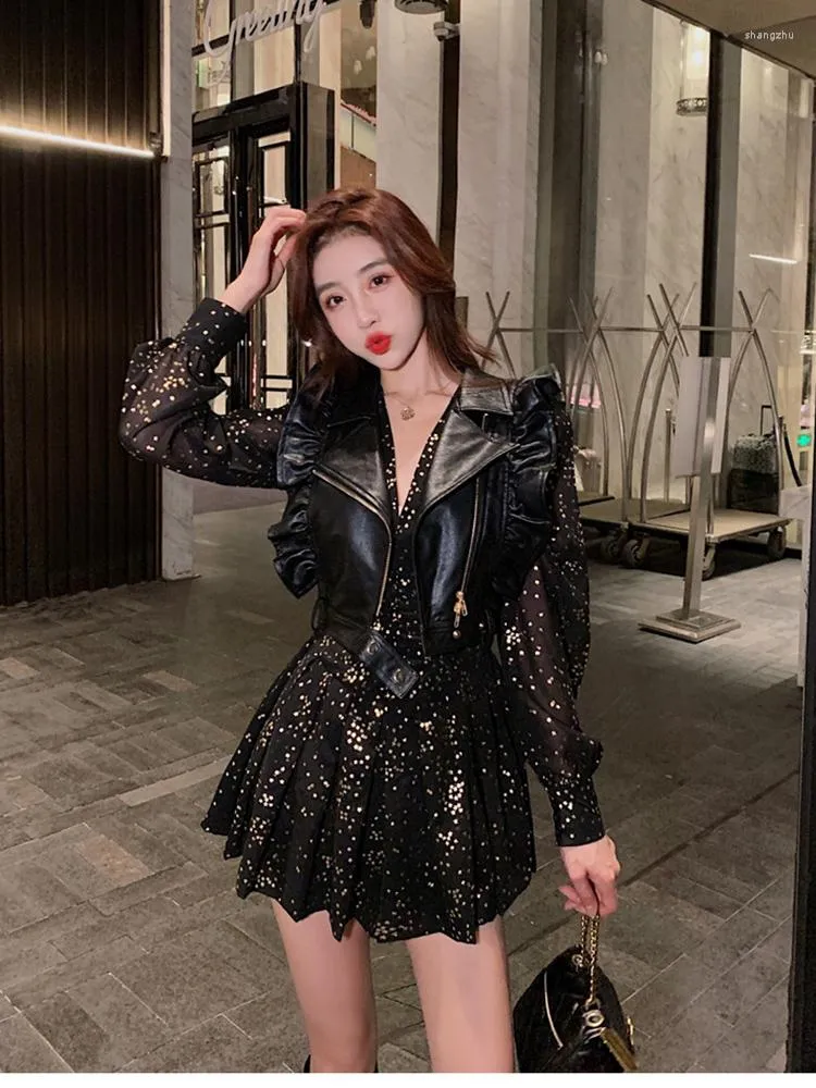 DHgate.com:Versatile Black Leather Short Vest and Dress Suit