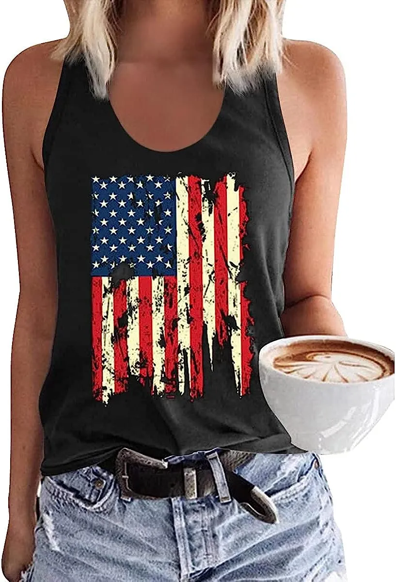 Womens Leopard American Flag Star Tank Tops Söta 4 juli Independence Day Sunflower Graphic Tees T-shirts