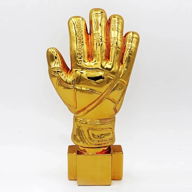 Decorative Objects Figurines 26cm Golden Football Goalkeeper Gloves Trophy Resin Crafts Gold Plated Soccer Award Customizable Gift Fans League Souvenirs 230614