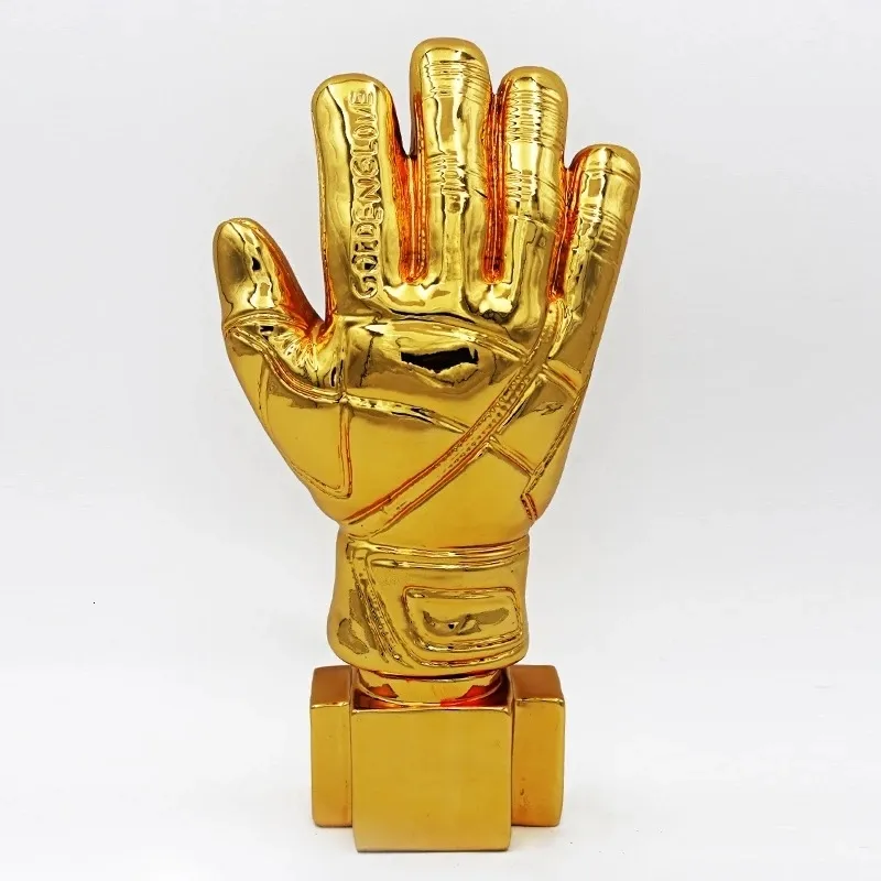 Objetos Decorativos Estatuetas 26cm Luvas de Goleiro Futebol Douradas Troféu Artesanato em Resina Futebol Banhado a Ouro Prêmio Presente Personalizável Fãs Liga Souvenirs 230614