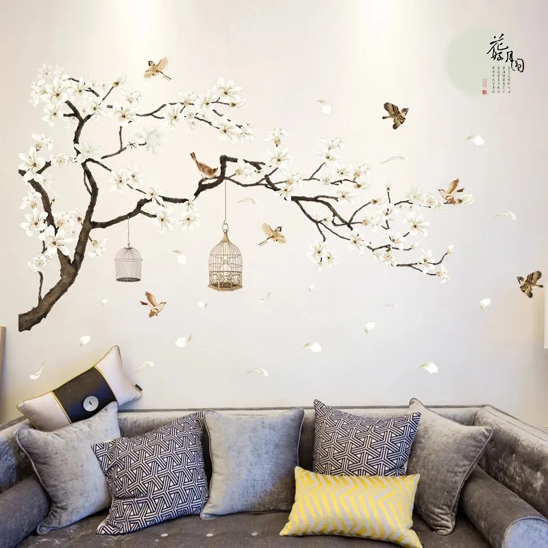 Adesivi murali albero Uccelli Fiori Decorazioni per la casa Sfondi per soggiorno Camera da letto Decorazione camere in vinile fai da te