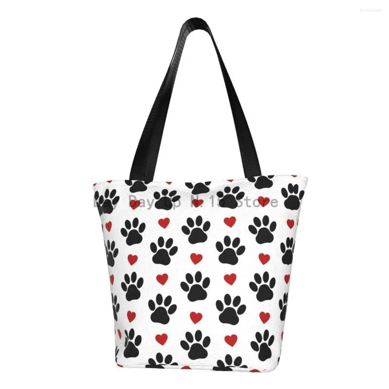Sacolas de compras padrão personalizado de lona de cachorro para mulheres, durável, mercearia, patas pretas, corações vermelhos, bolsa de compras