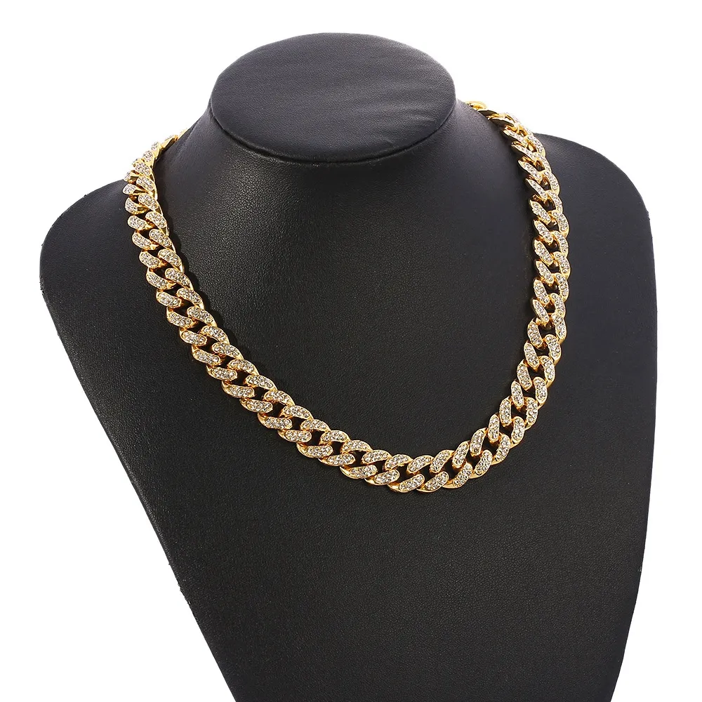 Hip Hop Men Chain Necklace 15mm Thick Wide Cuban Link Chain Full Faux Diamon Punk Men Jewelry 60cm Long