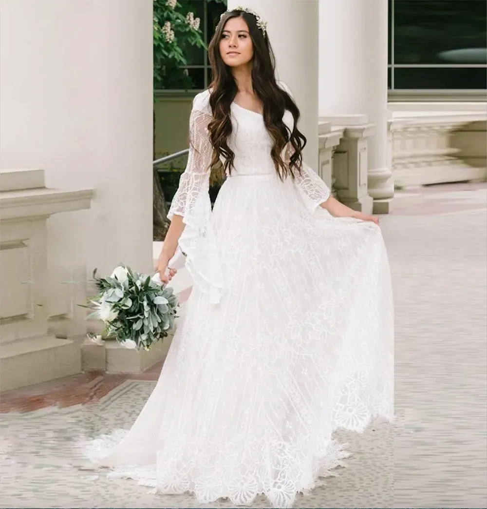 Summer Beach Lace V-neck Batwing Sleeves Boho Chic Wedding Dress