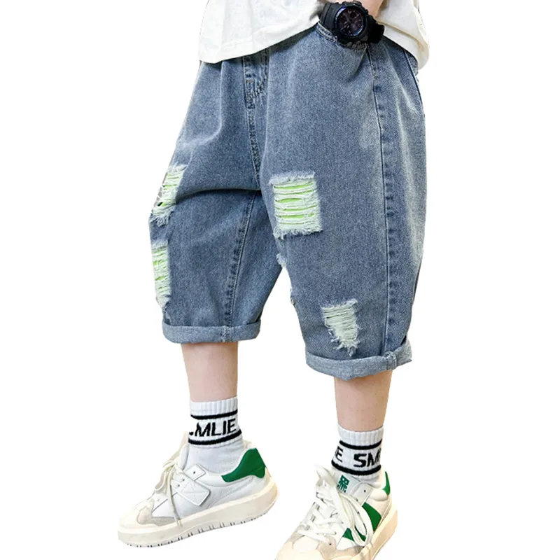 Ulitacool Teen Boy Pants 12-13 Years Straight Leg Elastic Waist Distressed Ripped Denim Pants Baggy Jeans With Holes Pockets Classic Playsuit Grey