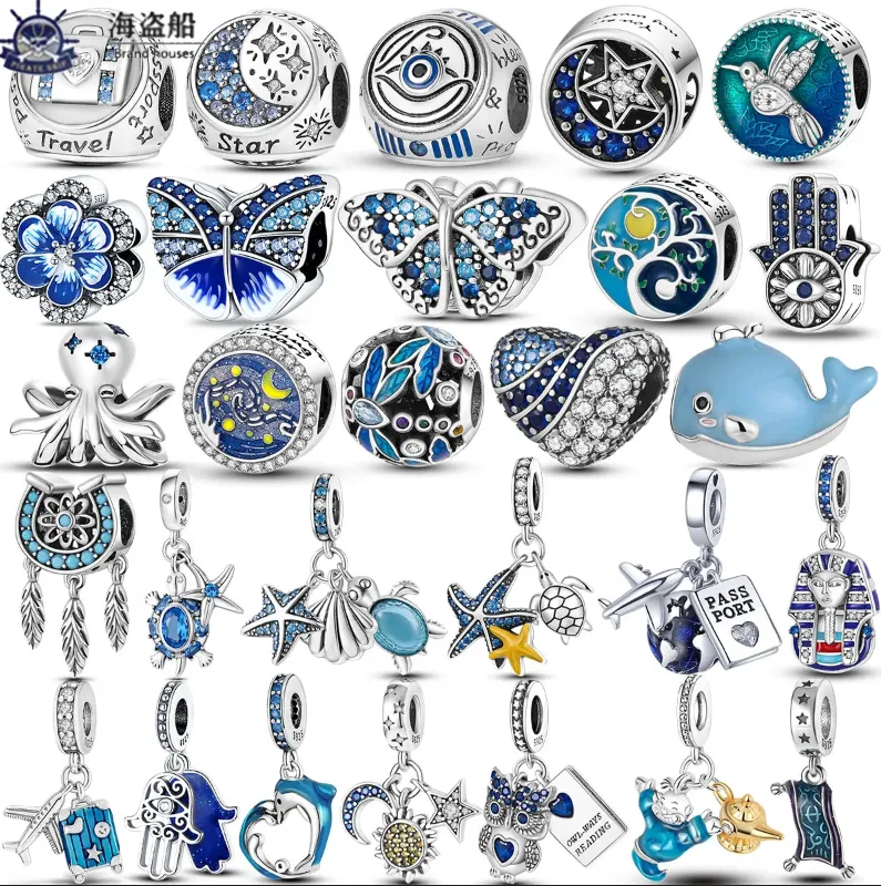 För Pandora Charms Authentic 925 Silver Beads Dangle Star Moon Butterfly Starfish Turtle Travel