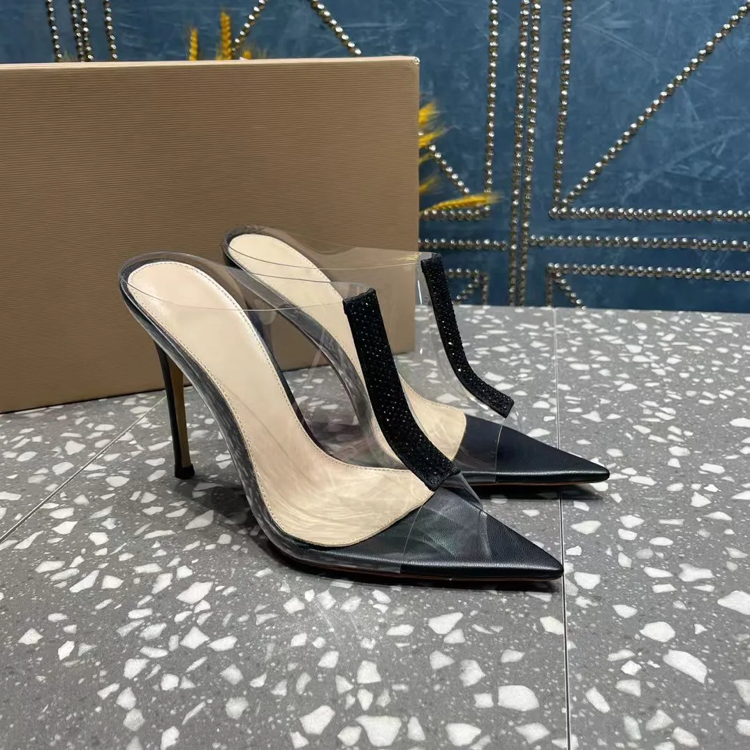 2023 Nuevo estilo de diseñador sandalias de cristal puntiagudas fiesta negra punta abierta medias zapatillas elegante temperamento zapatos de vestir moda versátil size35-41